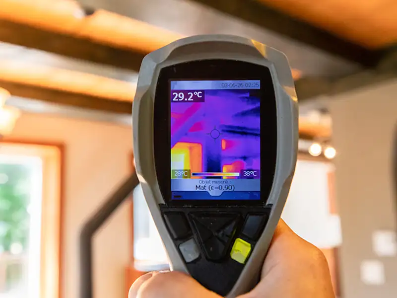 Hand holding a thermal imaging camera showing a heat map of an indoor area with temperatures around 29°C.