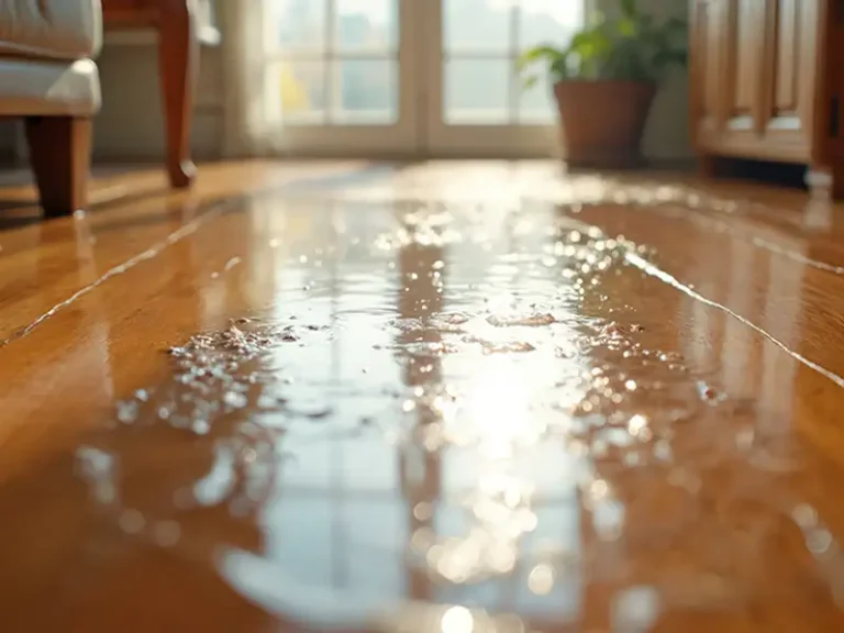 Water spilled on a shiny wooden floor reflecting sunlight from a window.