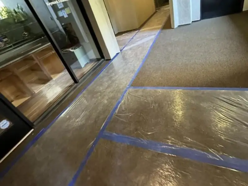 Floor covered with protective plastic sheets secured by blue painter's tape near glass doors and carpet.